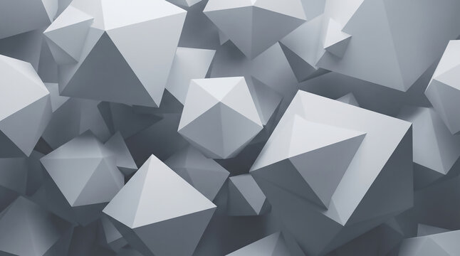 Floating matte white 3D polyhedral shapes with sharp edges and soft ambient occlusion shadows