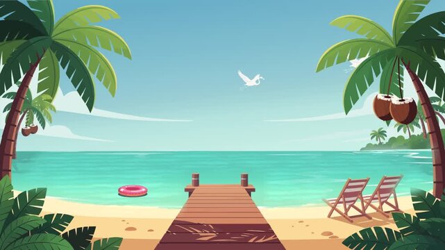 looping video A serene tropical beach scene with palm trees, a wooden pier, and lounge chairs under a clear blue sky.