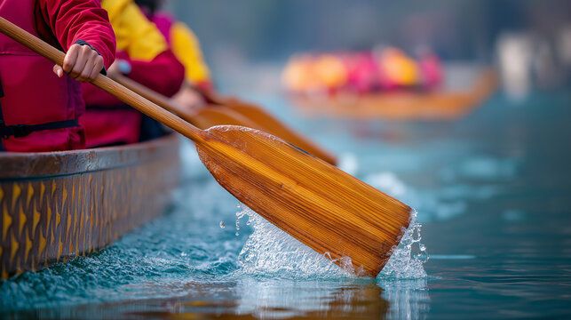 Paddler racing in dragon boat on river. Team rowing wooden paddle during traditional competition. Close up of water splash for Dragon Boat Festival celebration and sports training event.