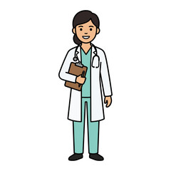 Fototapeta premium Illustration of a smiling female doctor in a white lab coat with a stethoscope and clipboard, ready to provide medical care
