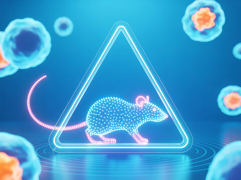 A glowing blue mouse stands inside a neon triangle surrounded by floating blue and orange orbs in a futuristic laboratory setting with a sense of danger.