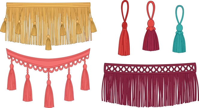 Decorative tassel fringe vector illustration set with colorful hanging trims for curtains, crafts, and boho design