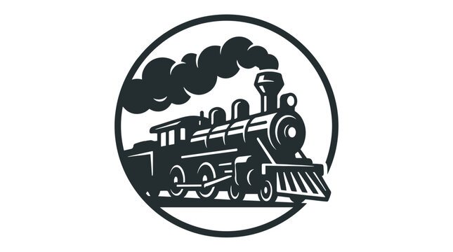Vintage steam train locomotive emitting smoke in a circular emblem.