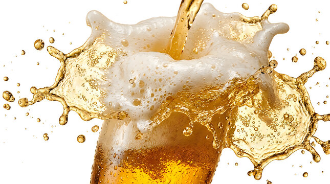 Dynamic beer splash with golden liquid and white foam, refreshing lager explosion with droplets, cold alcoholic beverage pouring motion isolated on White Background