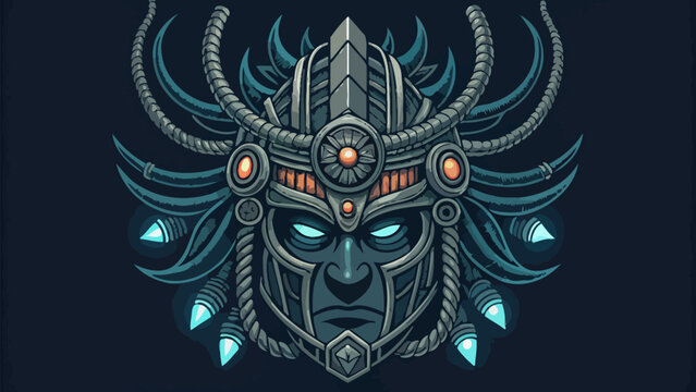 Cybernetic shaman mask with mechanical cables and glowing blue eyes on dark background