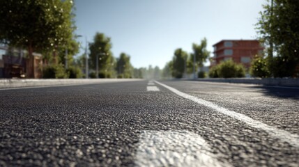 Fototapeta premium A street scene showing a road with surrounding buildings or landscape, realistic textures and lighting, simple urban or suburban setting.