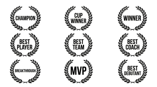 Laurel wreath award icons set, black champion and winner trophy emblems, 9 sports achievement badges for best player and coach isolated on White Background