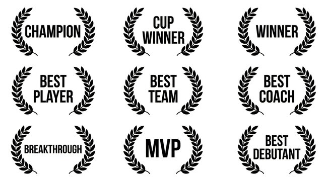 Laurel wreath award icons set, black champion and winner film festival laurels, 9 sports achievement and movie trophy vector elements isolated on White Background