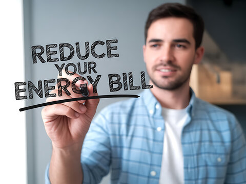Man writing reduce energy bill text on transparent board in office