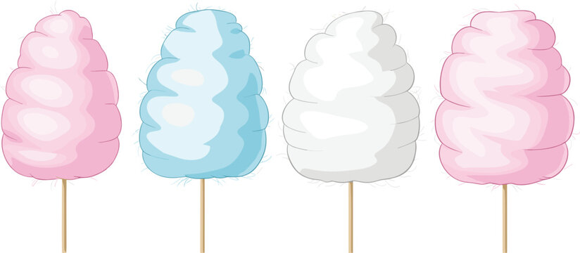 Fluffy cotton candy vector illustration set with pink blue and white carnival sweets on wooden sticks