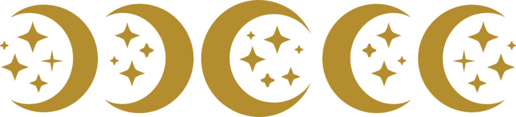 Mystical gold crescent moon phase collection with sparkling celestial stars icons, magic astrology and tarot elements for boho design patterns. © Hosneara