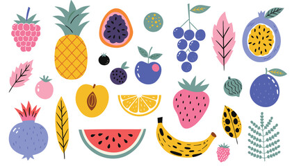 Set of colorful hand drawn tropical fruits and berries with decorative leaves © Sadhin07