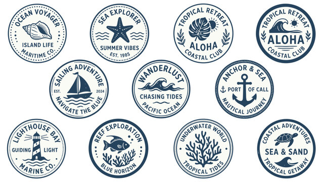Sea badge set art icon pack ship boat wave clam star reef fish sail sun vector illustration