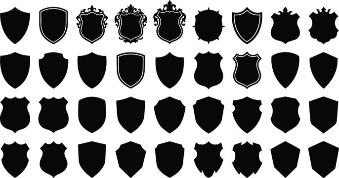 Shield silhouette icon vector collection featuring black crest coats of arms security badges heraldic frames and blank protective symbols for logo design.