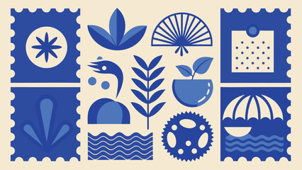 Fototapeta premium Decorative blue postage stamp collection with modern geometric and floral motifs