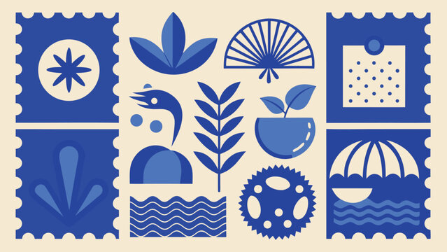 Decorative blue postage stamp collection with modern geometric and floral motifs
