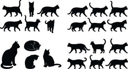 Fototapeta premium Black Cat Silhouette Collection with Walking Standing Sitting and Sleeping Feline Pose Variations