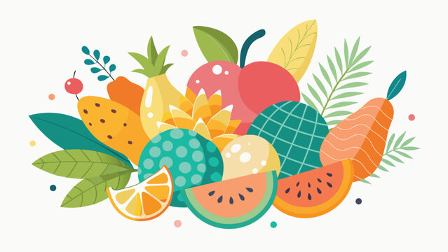 Abundant harvest of exotic fruits and fresh vegetables with lush tropical foliage