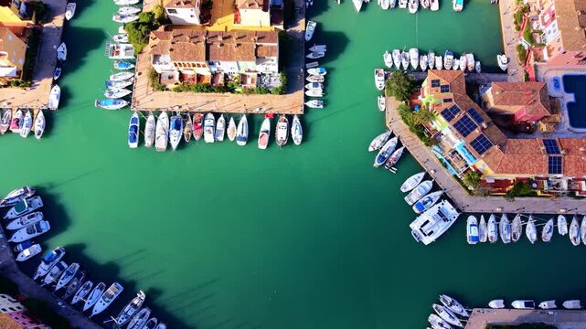 Luxury yachts and sailing boats moored in turquoise water at Port Saplaya marina with colorful rooftops visible. Top down aerial view of boats in Mediterranean marina harbor.
