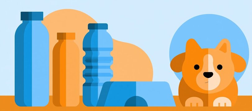 Family and pet heat comfort essentials with water bottles and dog bowl in warm color palette