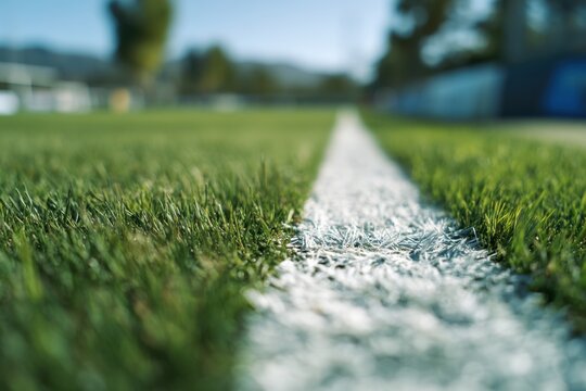 Close-up of a white soccer field line on green grass turf with sharp contrast and fine texture under natural light.
