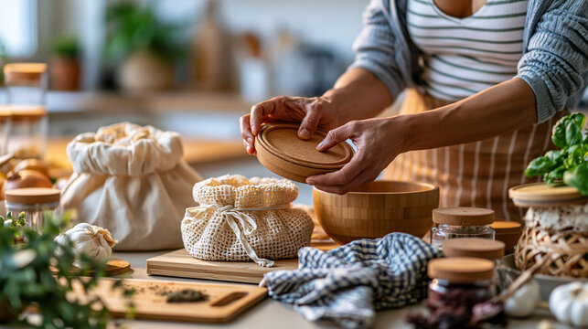 Faceless person in a bright kitchen using reusable containers cloth bags and compostable products for eco friendly daily routine