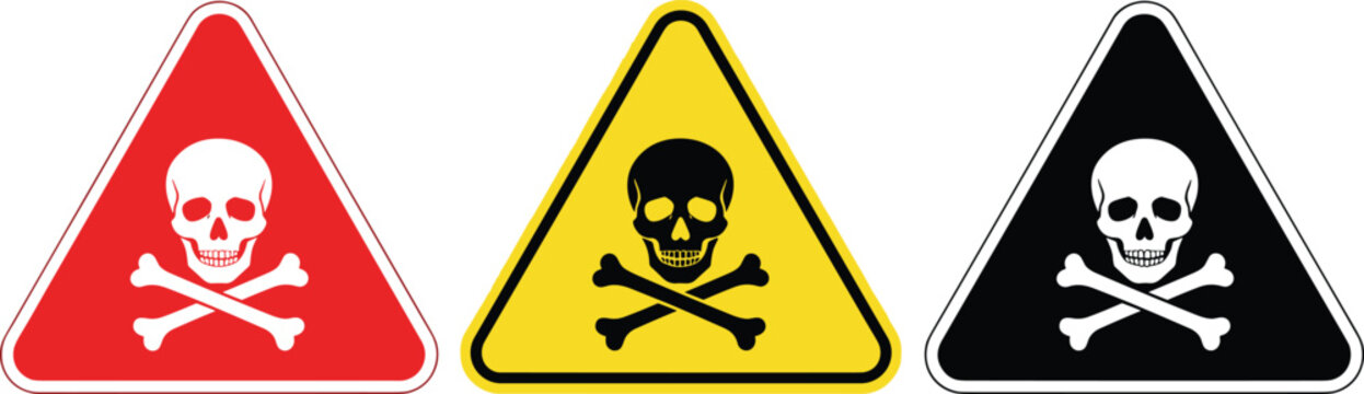 Poison warning sign vector illustration set with skull and crossbones hazard symbols in red yellow and black