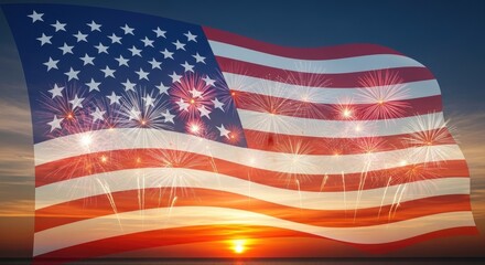 American flag with fireworks at sunset patriotic celebration concept
