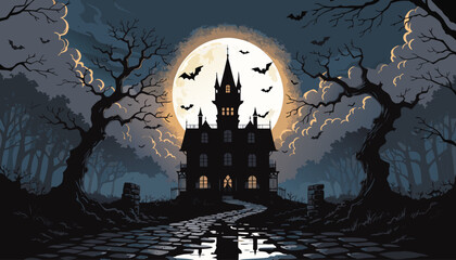 Halloween themed castle silhouette vector with bats, spooky trees, and eerie scary night atmosphere background. © Al Noman