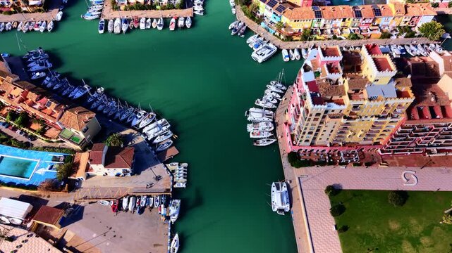 Luxury residential complex with colorful apartments and private boat moorings in a canal system near Valencia, Spain. Aerial view of Port Saplaya residential area and boat docks.