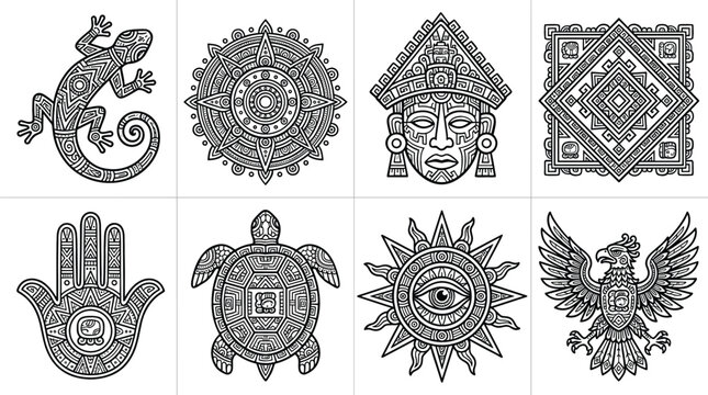 Aztec tribal vector collection featuring black and white indigenous symbols including lizard sun calendar mask hamsa hand turtle eagle and geometric patterns.