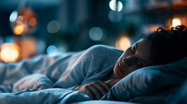 Faceless person lying awake in bed at night in a dark bedroom staring at the ceiling representing insomnia sleep disorder