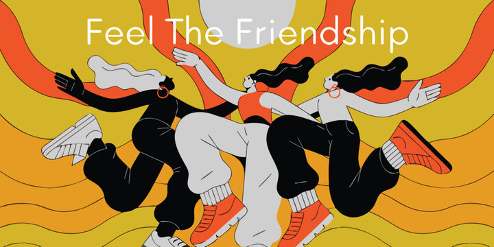 Three diverse women dancing and celebrating friendship with vibrant sun background.