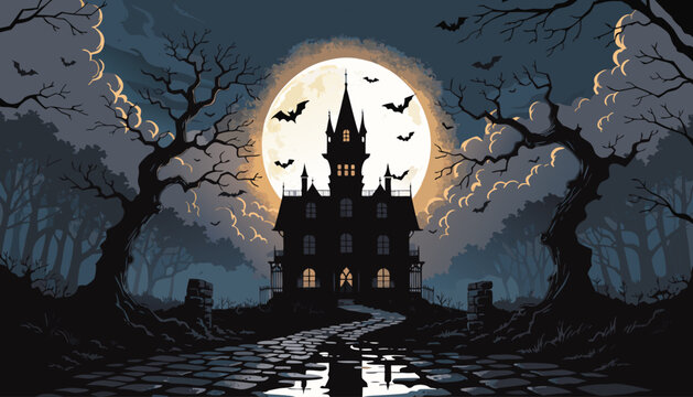 Halloween themed castle silhouette vector with bats, spooky trees, and eerie scary night atmosphere background.