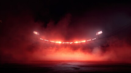 Obraz premium Soccer stadium surrounded by glowing red steam, creating a surreal and intense atmosphere with minimal field visibility.
