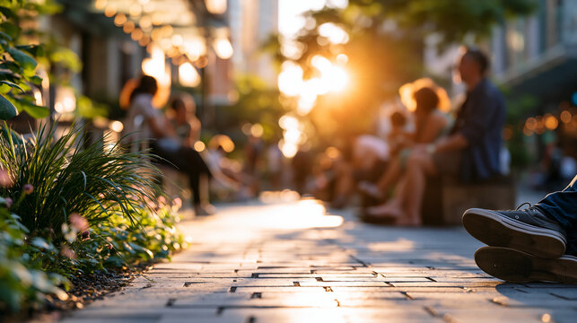 Urban street under extreme summer heat with shimmering pavement and people seeking shade representing climate change impact in a heat wave