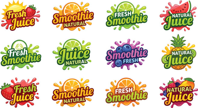 Collection of colorful fresh juice stickers and organic smoothie labels vector illustration with typographic text drops liquid bursts and delicious tropical fruits elements.