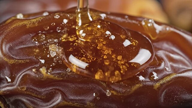 Closeup of Honey Dripping onto a Date with Crystals.