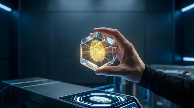 Advanced cyber security authentication concept with a hand holding a crystal geometric device showing a glowing fingerprint verification scan in a tech lab background