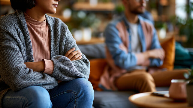 Faceless couple on opposite sofa ends with crossed arms in silent tense living room showing relationship conflict