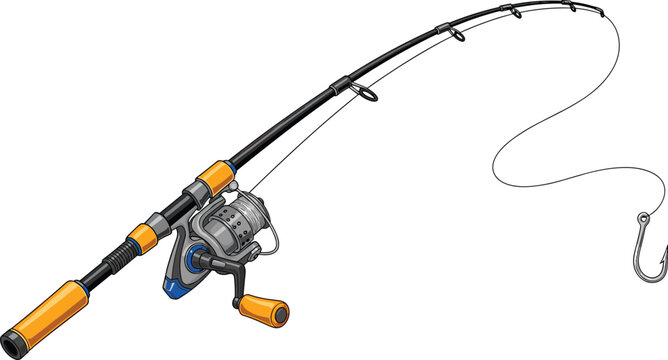 Realistic fishing rod vector illustration with spinning reel, line, and hook for angling and outdoor sport design