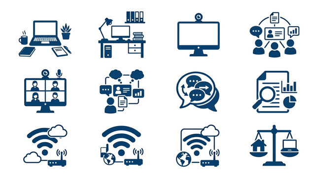 Collection of digital communication and remote work icons depicting various online interactions