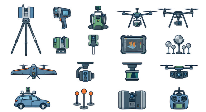 Photogrammetry and LIDAR 3D scanning equipment Vector icons,  LIDAR tools, including multi-rotor drones, fixed-wing UAVs, mobile mapping cars, and laser scanning sensors