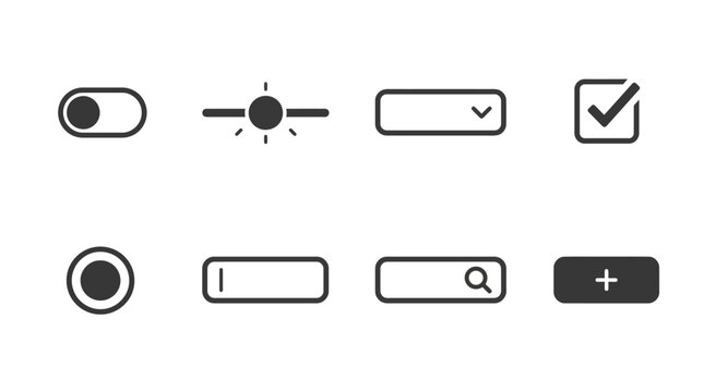 Collection of minimalistic user interface icons showcasing various toggle switches and buttons