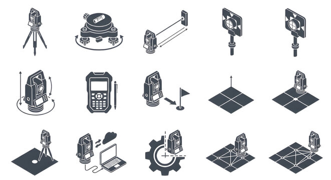 Land Surveying Isometric Vector Icon Set for Engineering and Construction, GNSS GPS Pole, Total stations, data controllers, and laptop cloud synchronization. 