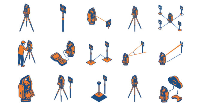 Geodetic Surveying Workflow Vector Icons in Blue and Orange, GNSS GPS Pole, Illustrations showing a surveyor using a total station, prism measurements, and data transmission workflows,  