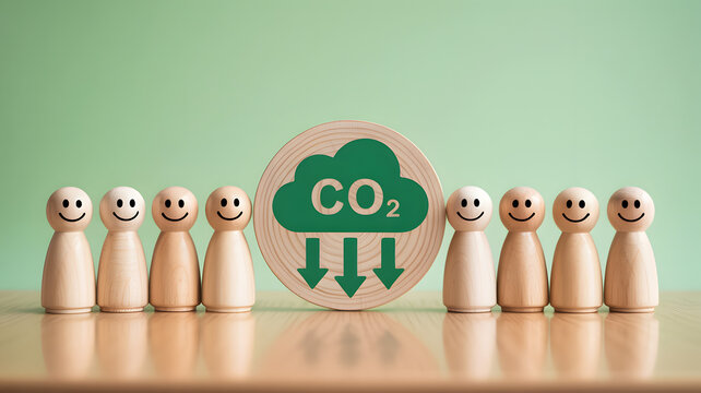Wooden figures with smiley faces surrounding a CO2 reduction cloud symbol on a table