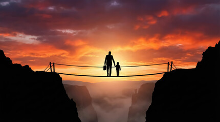 Obraz premium Silhouette of a businessman holding a briefcase and a small child walking together across a rope bridge over a deep canyon at sunset