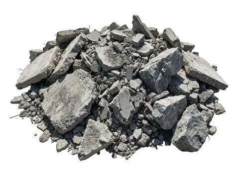Pile of broken gray concrete rubble and construction debris