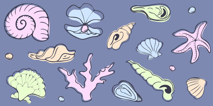 Whimsical hand drawn collection of seashells, starfish, coral, and a pearl oyster in a minimalist doodle style with pastel color blocks on a muted blue background. Summer ocean set.